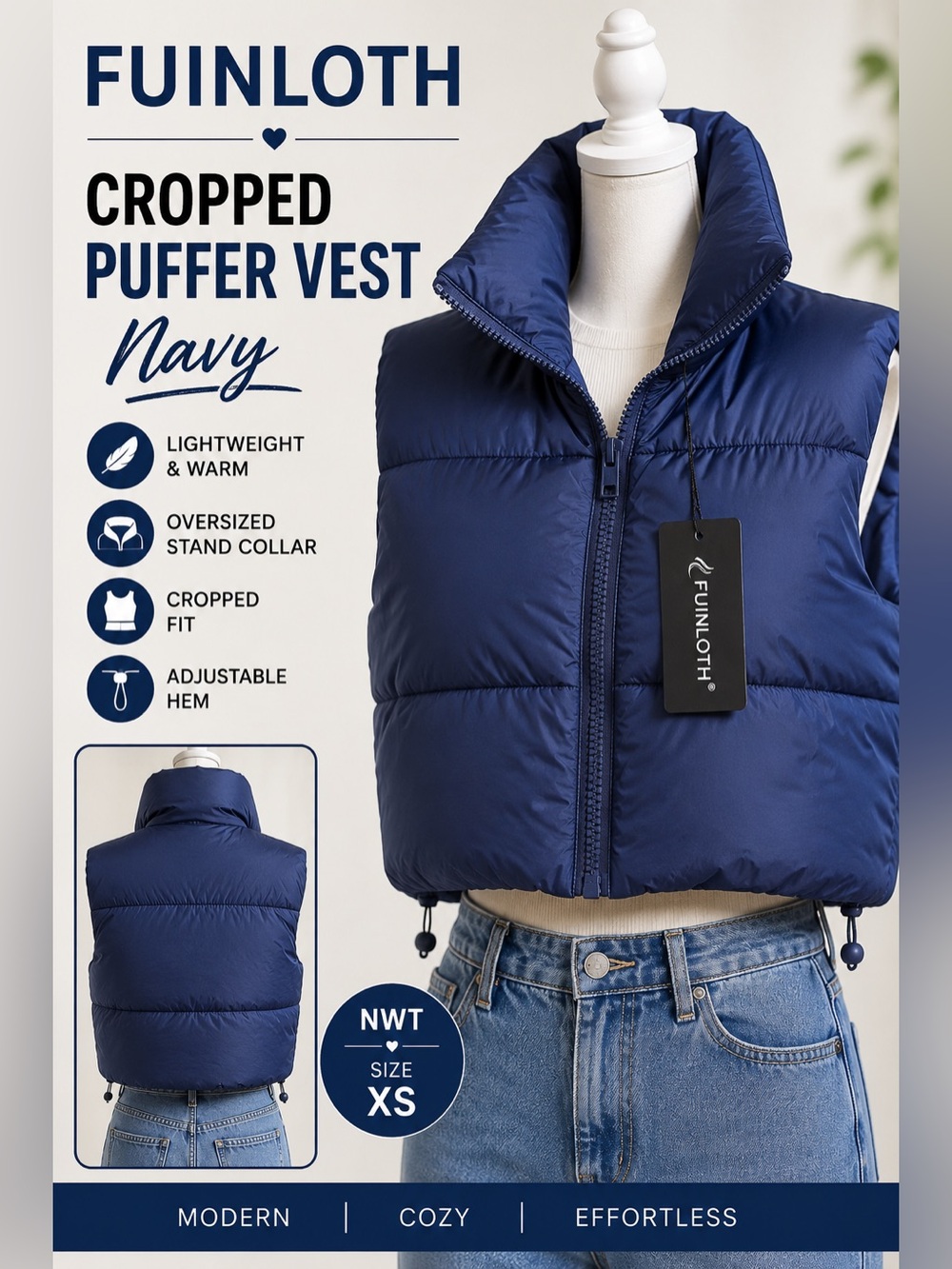 FUINLOTH NWT Navy Cropped Puffer Vest — Size XS
